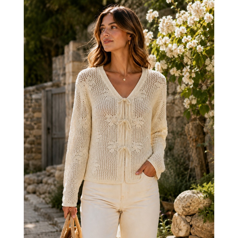Dylan NWT Cream Crochet Tie Front Cardigan Pointelle Open Knit Romantic Small